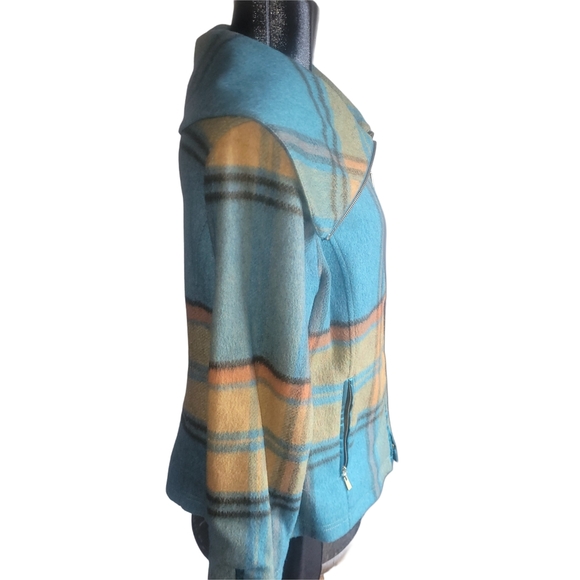 Madison Hill Plaid Blue and Yellow Wide Collar Wool Blend Jacket M - Picture 3 of 6